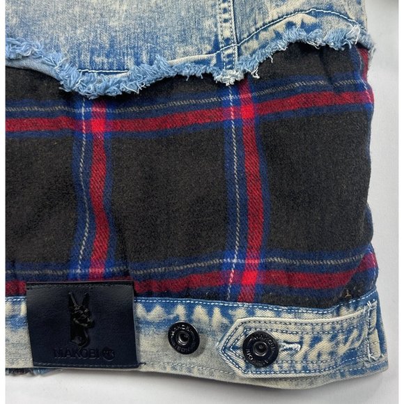 Makobi Mens Small Blue Plaid Full Zip Denim Jean Sherpa Jacket Distressed M1035 - Picture 10 of 11